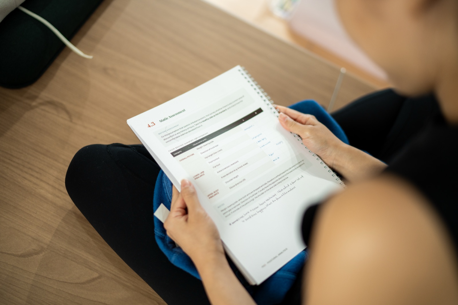 An instructor's PX3 participant manual, open at the static assessment section and annotated by hand